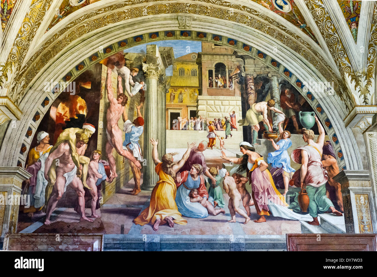 L'incendio di Borgo, Incendie dans la strophe, Borgo dell'Incendio, Stanze di Raffaello Santi Raffaello, et Giulio Romano, 1514-1517 Banque D'Images