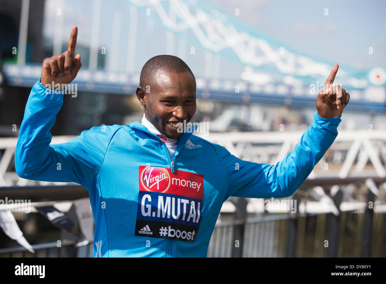 Londres, Royaume-Uni. 9 avril 2014. Photo : Geoffrey Mutai du Kenya. Photocall de l'élite hommes porteur avant leur départ à la Vierge Argent Marathon de Londres 2014 Ce dimanche, 13 avril 2014. Credit : Nick Savage/Alamy Live News Banque D'Images