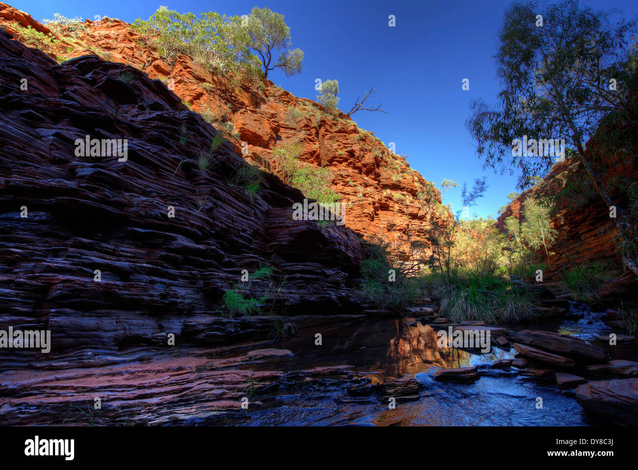 L'Australie, falaise, rock, le parc national de Karijini, à l'ouest de l'Australie, de ravin, rivière, débit, Banque D'Images