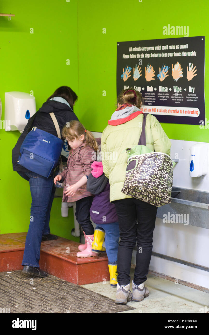 Se laver les mains de la famille dans un lave-mains assainisseur d'Ecolab savon distributeur après caresser les animaux à un parc Banque D'Images