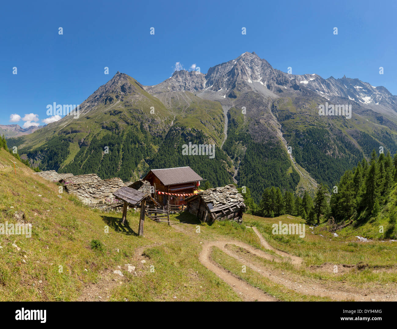 Fermes, granges, ferme, champ, pré, été, montagnes, collines, la Gouille, Val d'Herens, Valais, Valais, Suisse, Europe, Banque D'Images