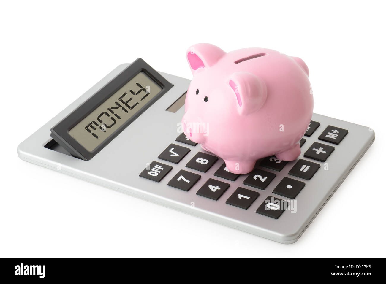 Tirelire assis sur le dessus d'une calculatrice isolated on white Banque D'Images