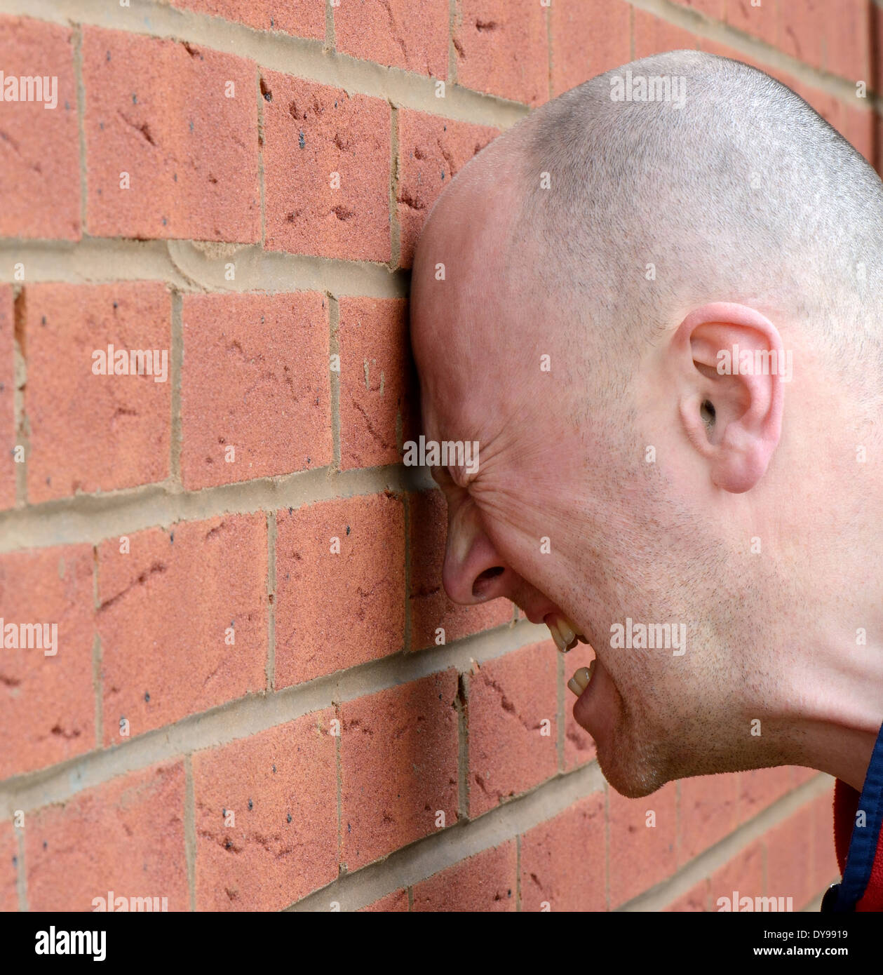 Un homme frapper sa tête contre le mur de frustration Banque D'Images