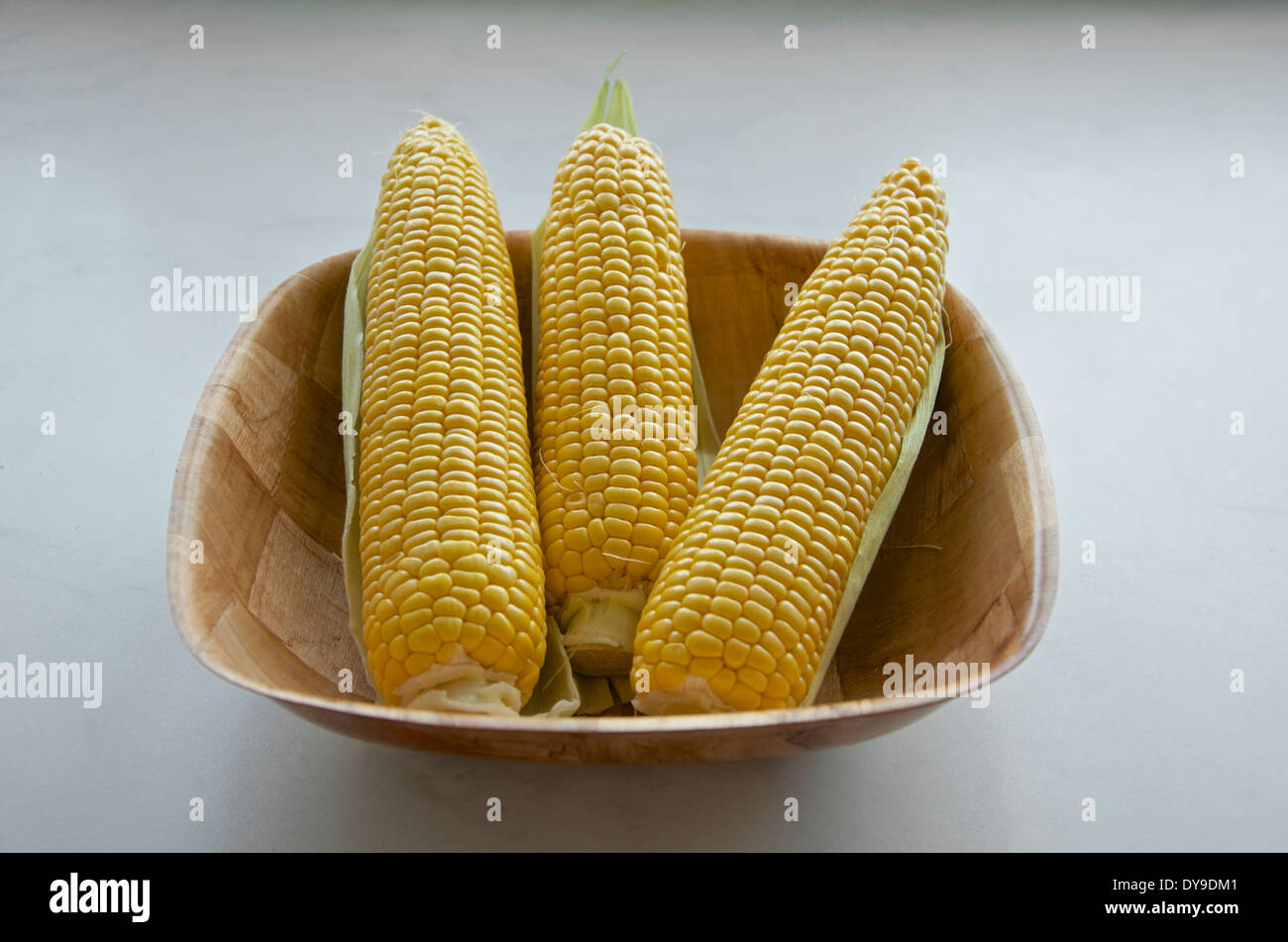 Les épis de maïs fraîchement récoltées dans un bol en bois avec des feuilles externes plus dépouillé pour exposer les grains de maïs jaune. Banque D'Images