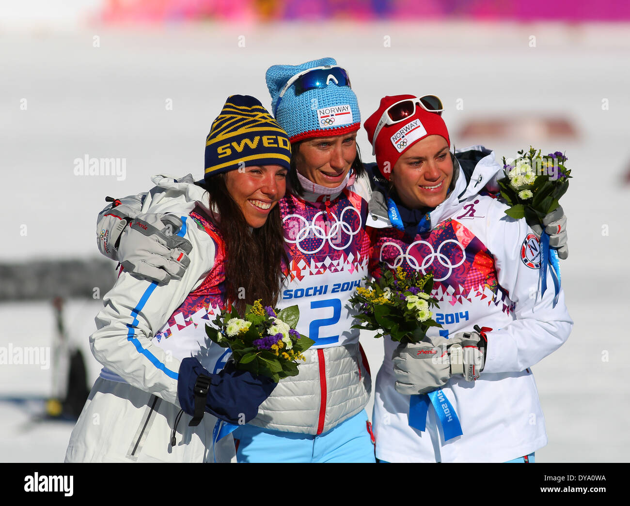 Sotchi, Russie - Février 8, 2014 : Médaillés de Ladies' Skiathlon 7,5 km Classic  + 7,5 km libre des XXIIES JEUX OLYMPIQUES D'hiver de 2014 à Sotchi Banque D'Images