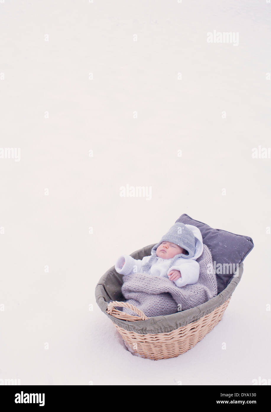 Baby sleeping in bassinet in snow Banque D'Images