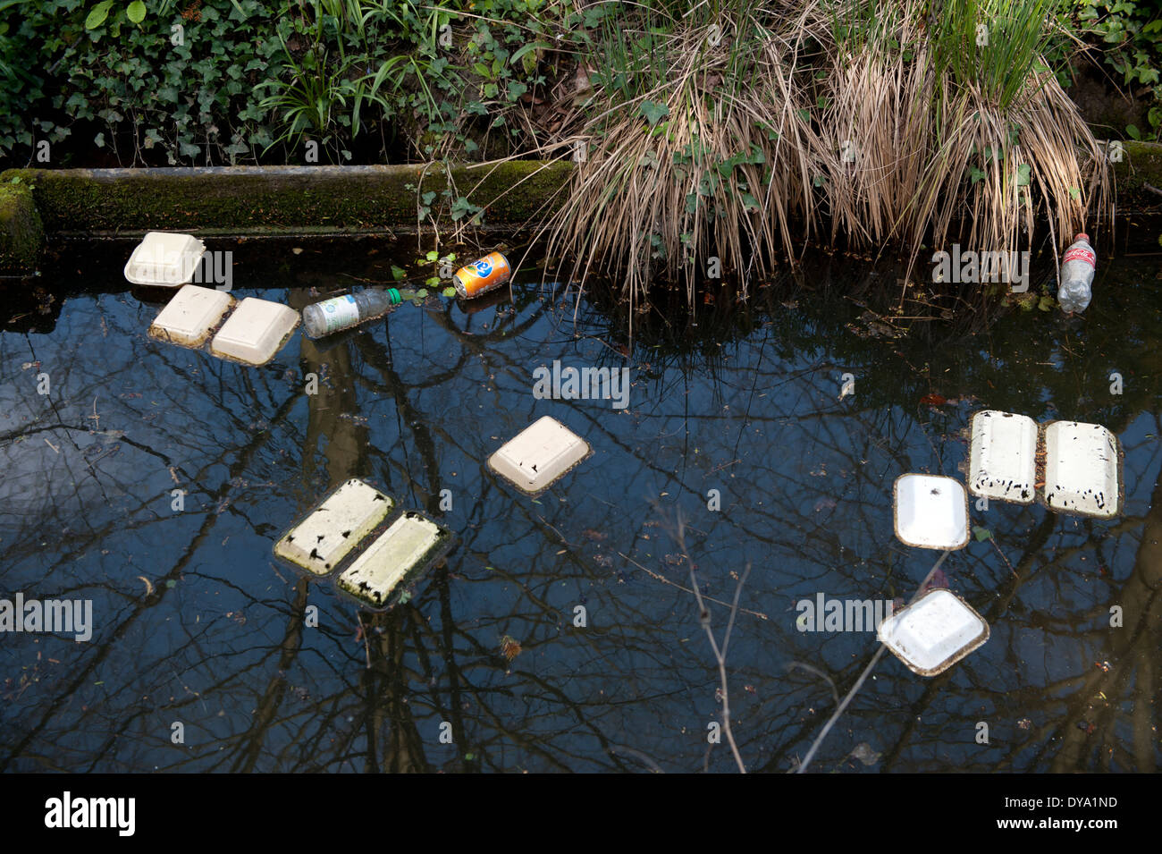 Cambridge, Cambridgeshire, Angleterre. 9 avril 2014. La nourriture à emporter des contenants de polystyrène flottant dans une eau le Trinity College Banque D'Images