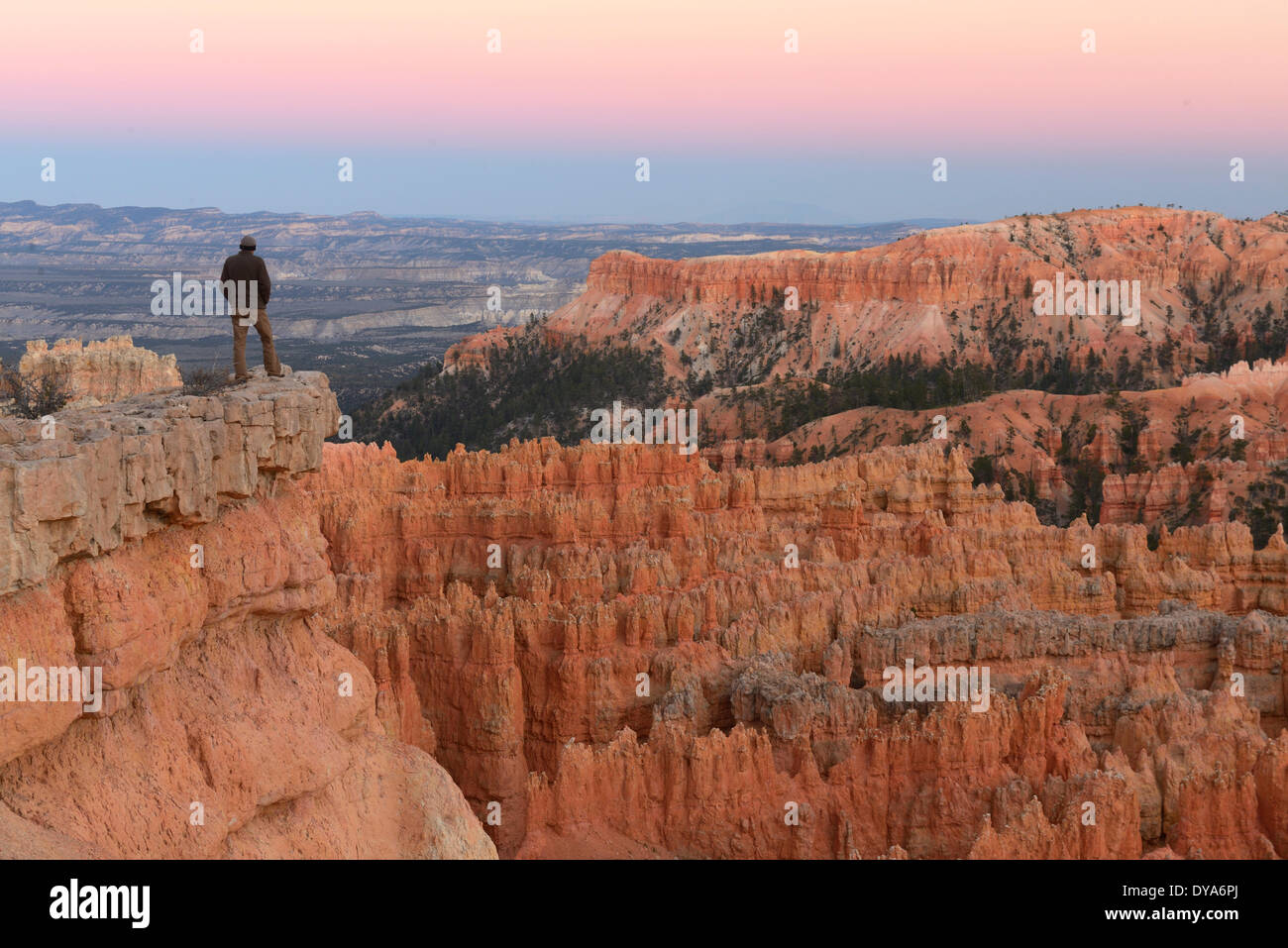 Amérique du Plateau du Colorado Utah Bryce Canyon rock formations rocks canyon Sunset Point formations de grès glow homme outdo Banque D'Images