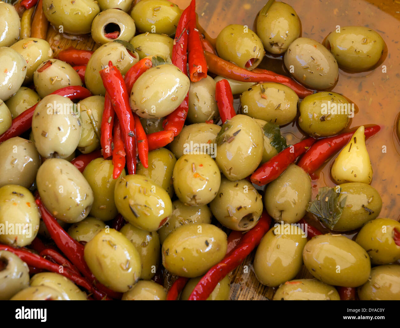Green, des olives, de l'alimentation, Peperoncini, chili, Banque D'Images