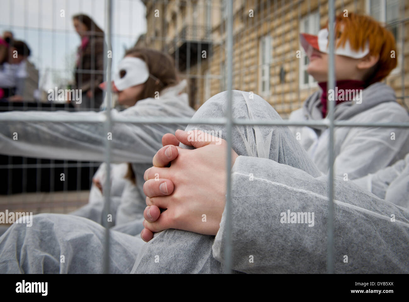 Varsovie, Pologne. 12 avr, 2014. Des militants de "cages ouvertes" organisation des manifestations contre l'élevage de volaille les cages en batterie le 12 avril à Varsovie. Quatre personnes ont été enfermés dans la cage pendant 24 heures. Banque D'Images