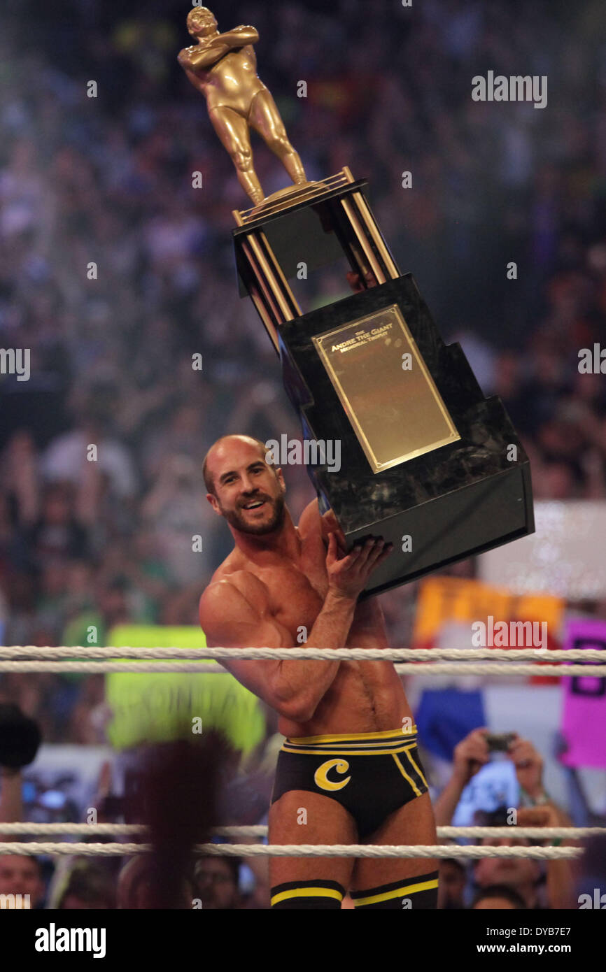 La Nouvelle-Orléans, Louisiane, Etats-Unis. 6ème apr 2014. CESARO célèbre sa victoire dans la bataille Royale André le géant qu'il hisse son trophée élevé dans l'air pour les fans de voir lors de Wrestlemania 30 à la BMW Super Dome. © Matt Roberts/ZUMA/ZUMAPRESS.com/Alamy fil Live News Banque D'Images