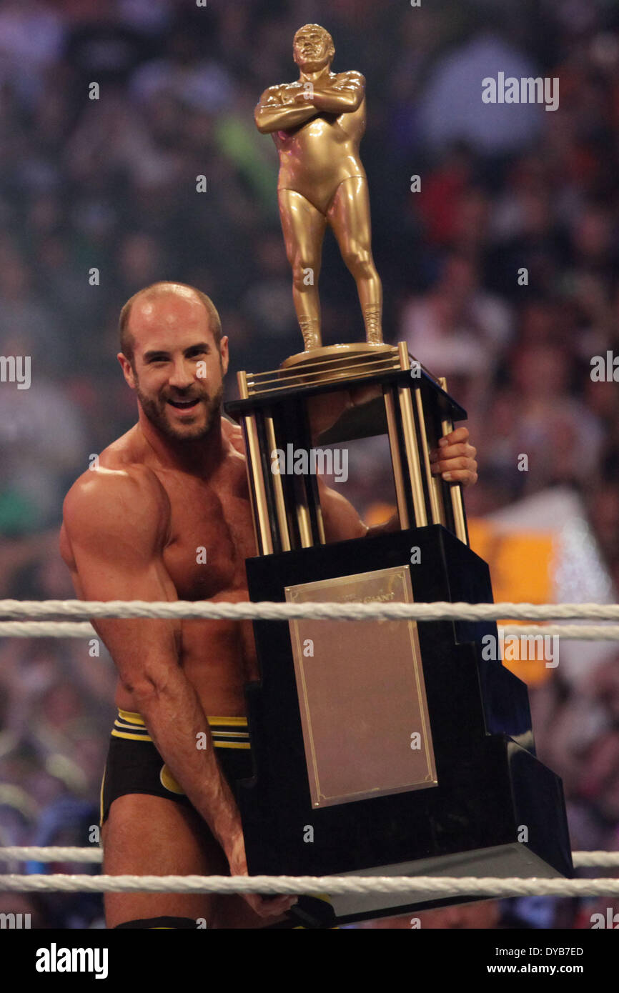 La Nouvelle-Orléans, Louisiane, Etats-Unis. 6ème apr 2014. CESARO célèbre sa victoire dans la bataille Royale André le géant qu'il hisse son trophée élevé dans l'air pour les fans de voir lors de Wrestlemania 30 à la BMW Super Dome. © Matt Roberts/ZUMA/ZUMAPRESS.com/Alamy fil Live News Banque D'Images
