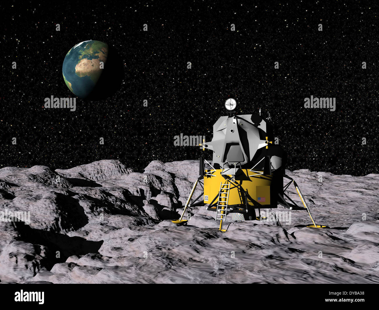 Apollo sur la surface de la lune, avec la terre en arrière-plan. Banque D'Images