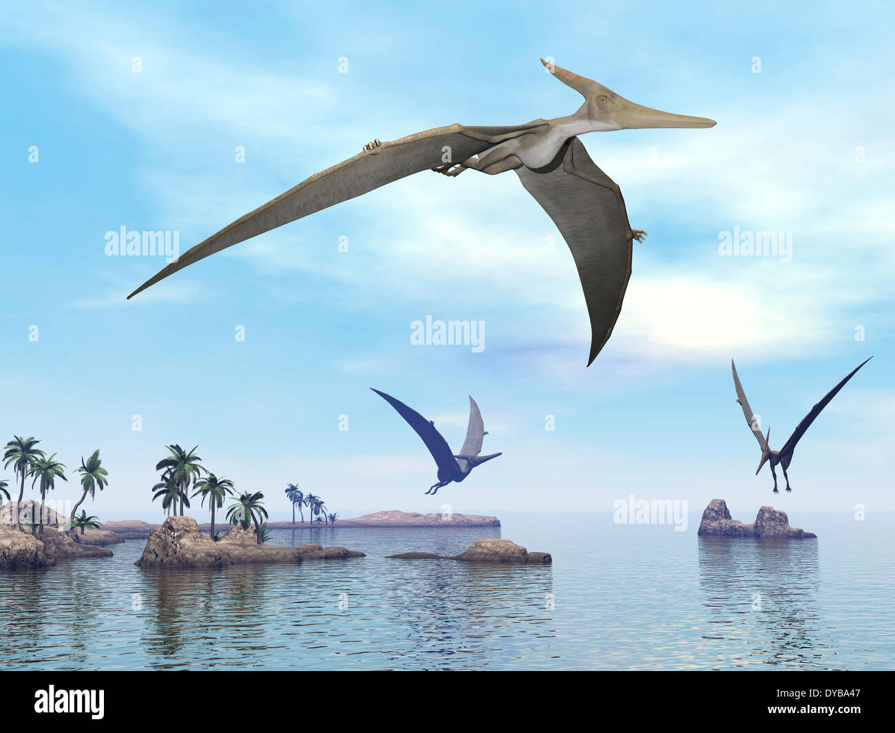 Trois pteranodons voler au-dessus de paysage de collines, de palmiers et de l'eau. Banque D'Images