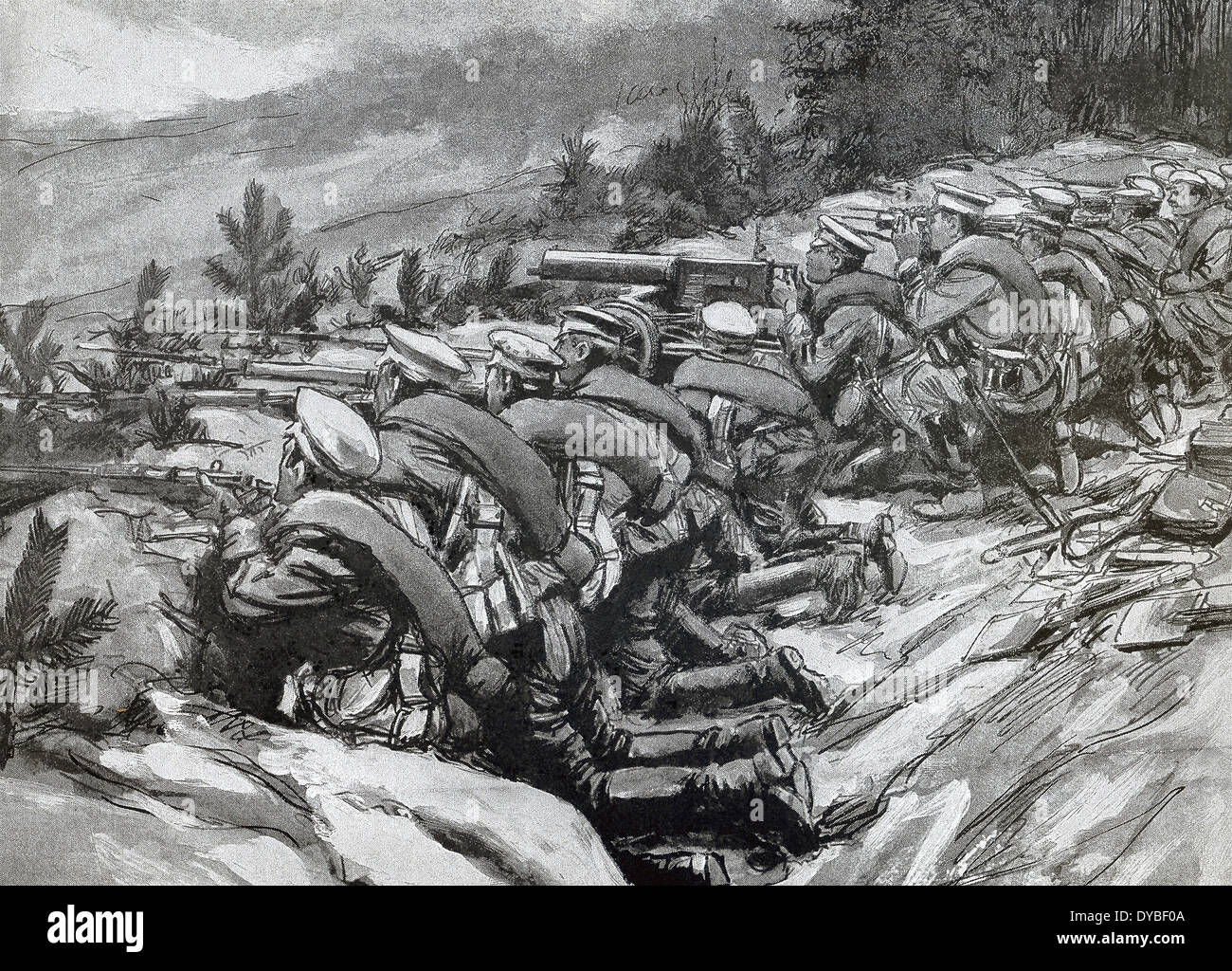 Cet hôtel contemporain de l'illustration montre les soldats russes dans des tranchées dans l'attente de l'attaque par les troupes autrichiennes lors de la Première Guerre mondiale. Banque D'Images