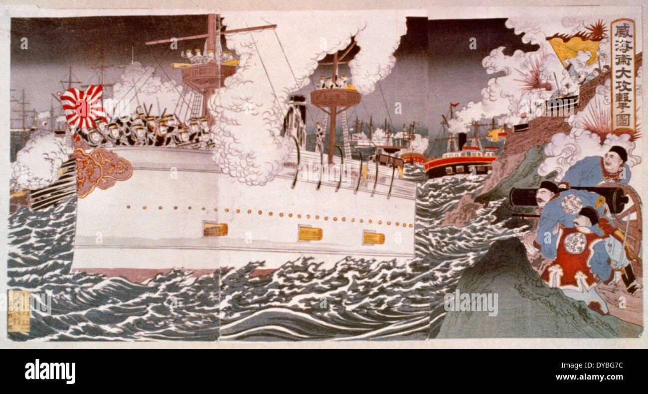 Guerre sino-japonaise, 1894-5 ; cuirassé japonais bombardant les fortifications de la rive chinoise Banque D'Images