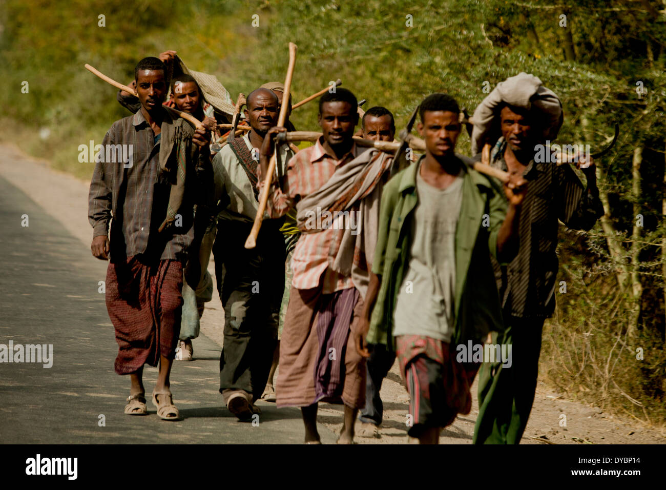 Travailleurs éthiopiens de l'Afrique à marcher le long de la route poussiéreuse Banque D'Images