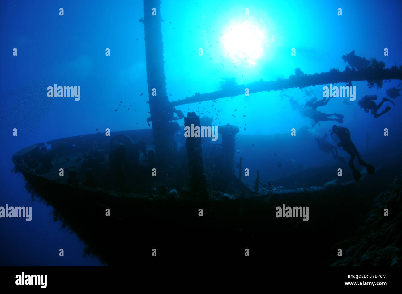 Proue du Cedar Pride naufrage et plongeurs, golfe d'Aqaba, Mer Rouge, Jordanie Banque D'Images
