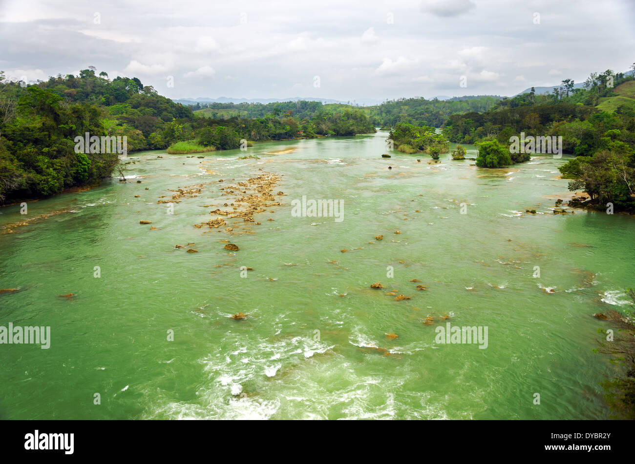 Vert large rivière qui traverse un paysage naturel intact au Chiapas, Mexique Banque D'Images