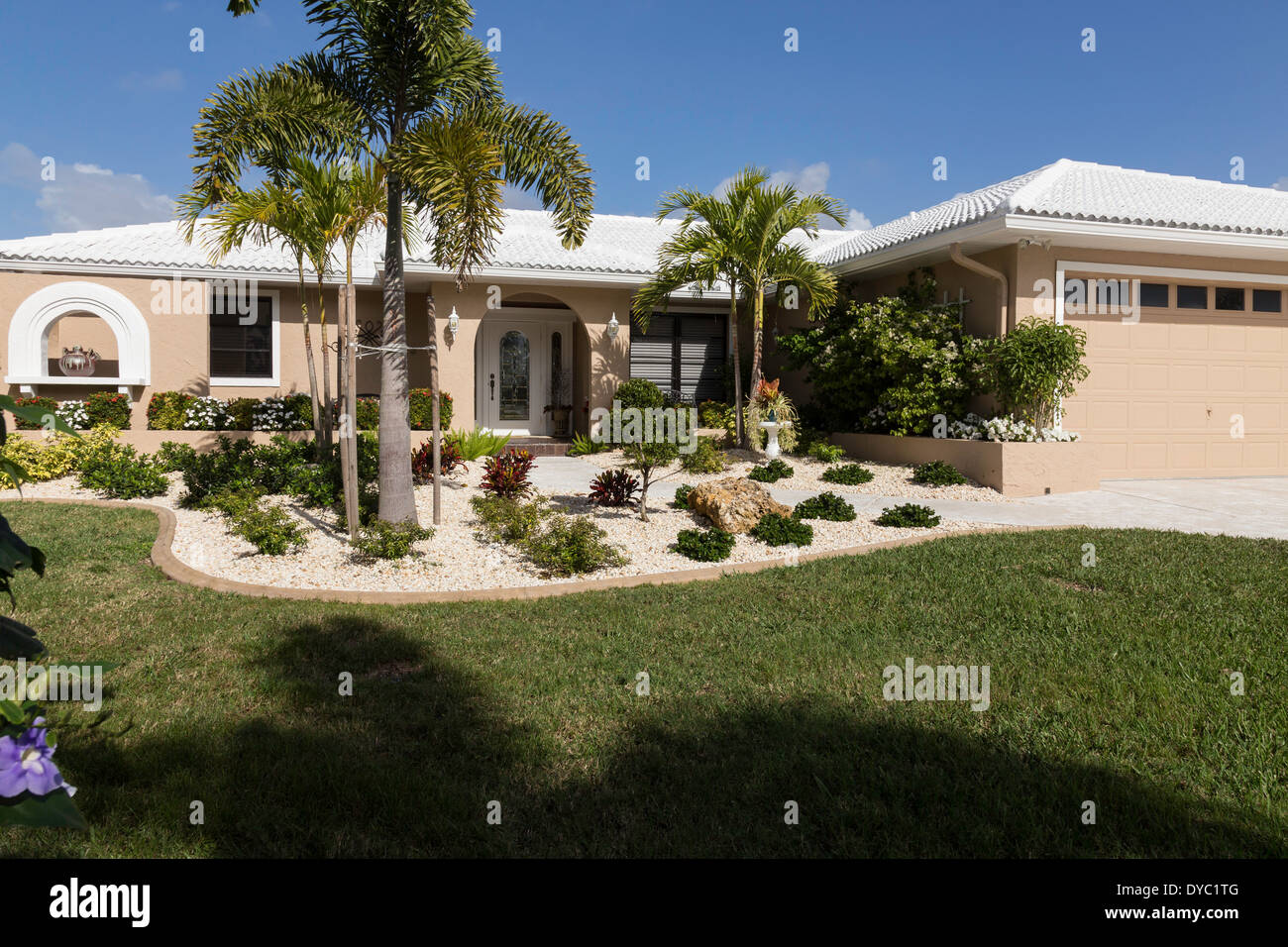 Avant de Floride Haut de Suburban Home avec palmiers, FL, USA Banque D'Images