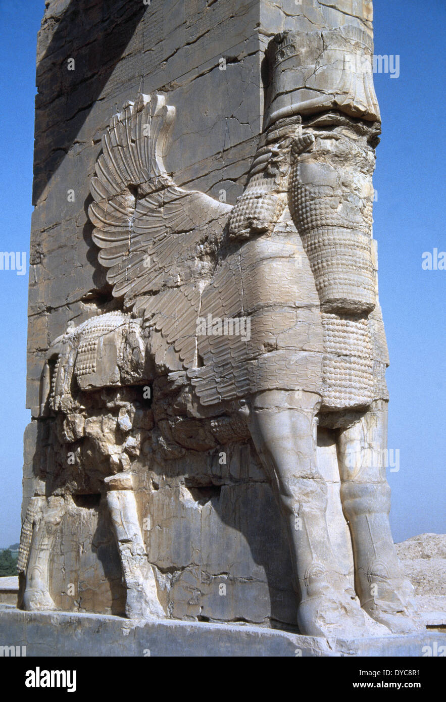 L'Iran. Persepolis. La porte de toutes les nations ou Xerxus Gateway. Lamassu. L'Assyrien divinité protectrice. Le corps de Bull et des droits de la tête. Banque D'Images