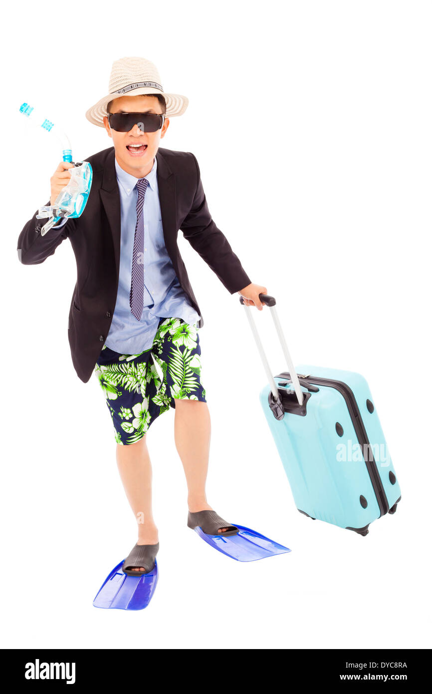 Funny businessman holding scuba gearing et des bagages Banque D'Images