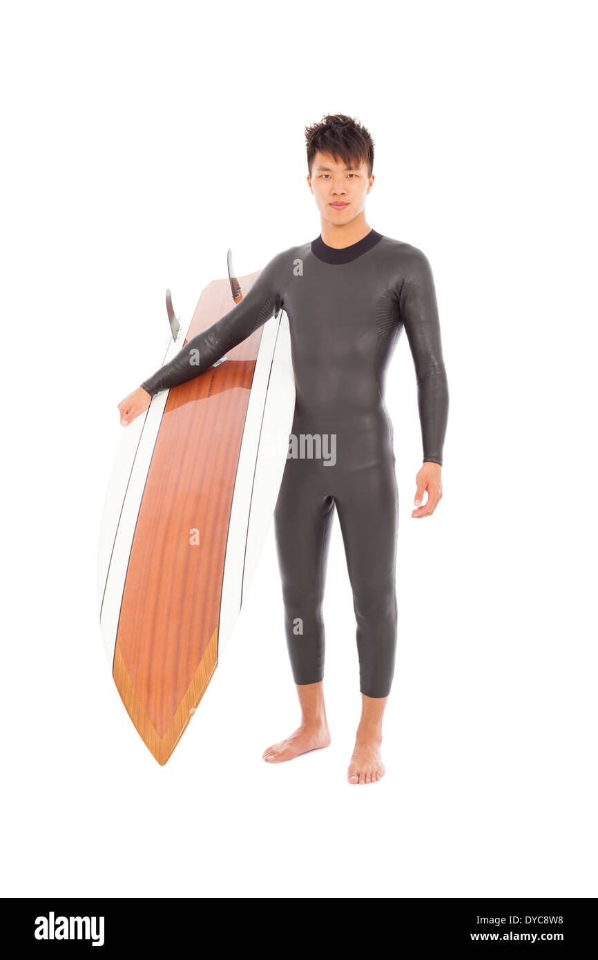 Asian man holding a surfboard surfeur Banque D'Images