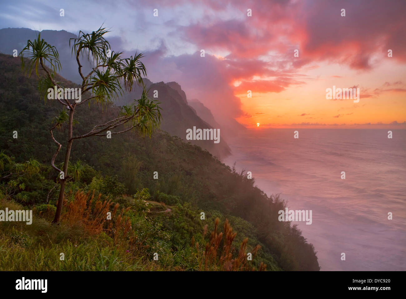 Une vue de la Kalalau Trail le long de la côte Napali à Kaua'i, Hawaii, USA. L'hiver. Banque D'Images