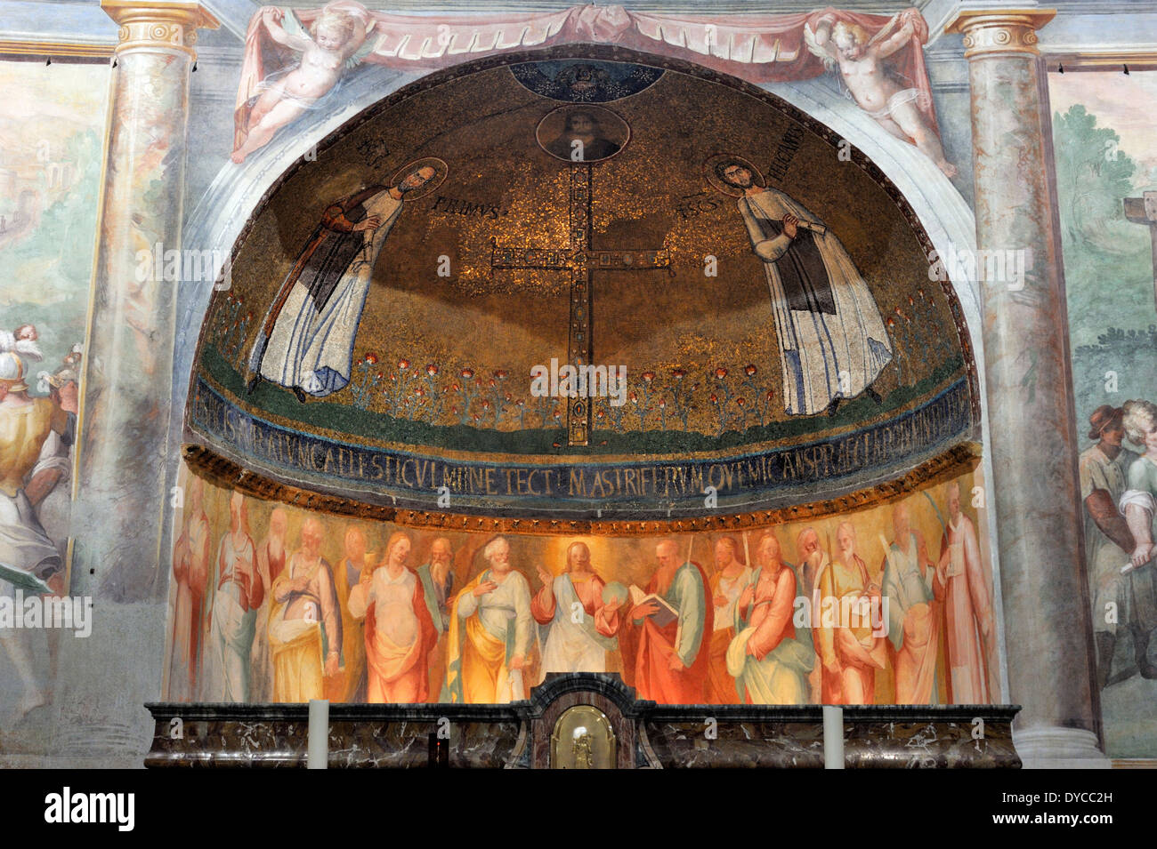 Italie, Rome, Celio, église de Santo Stefano Rotondo, Mosaico dei Santi Primo e Feliciano, mosaïque chrétienne précoce (7ème siècle) Banque D'Images