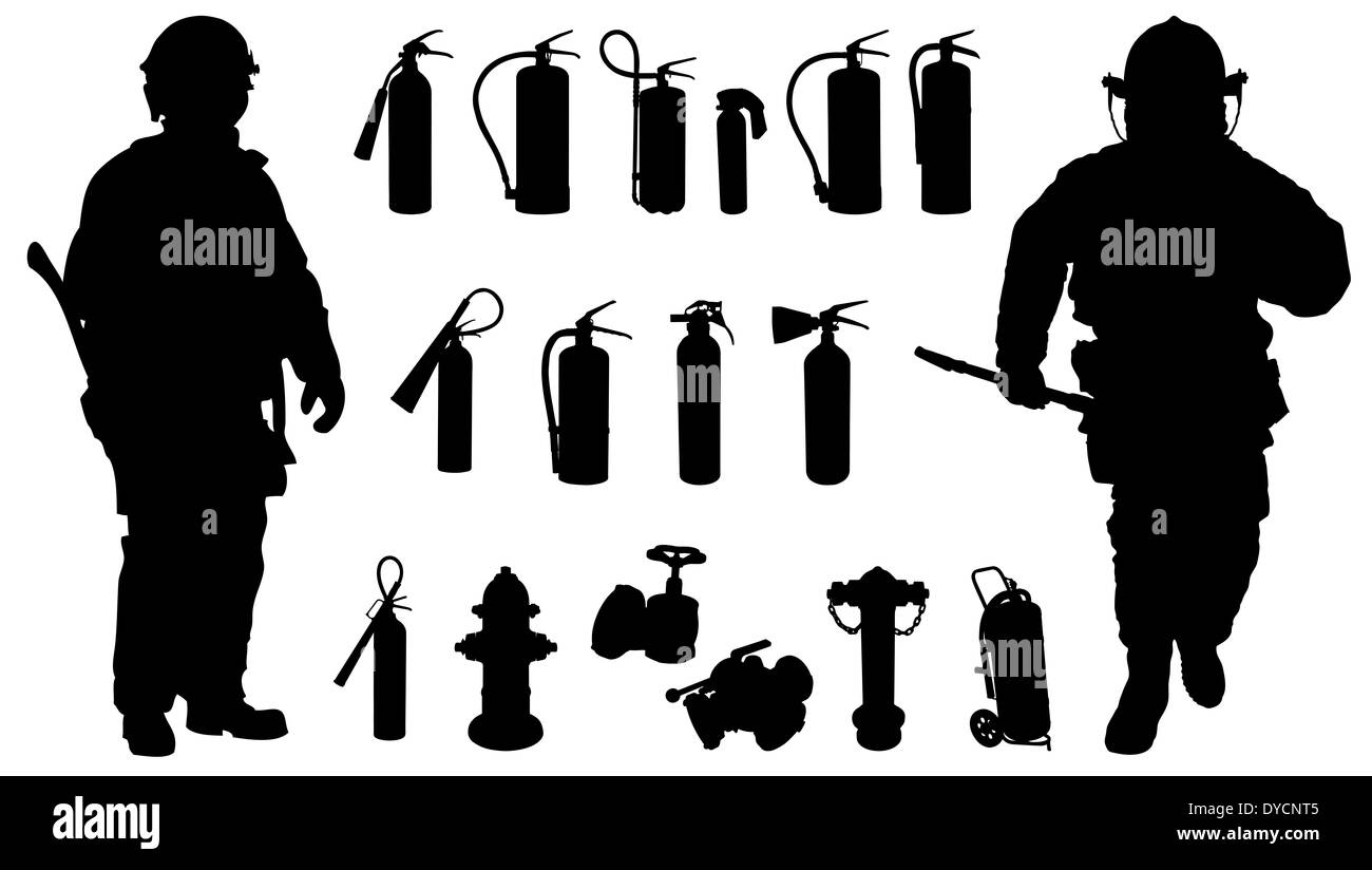 Deux pompier, 11, extincteur d'incendie et d'autres accessoires silhouette Banque D'Images