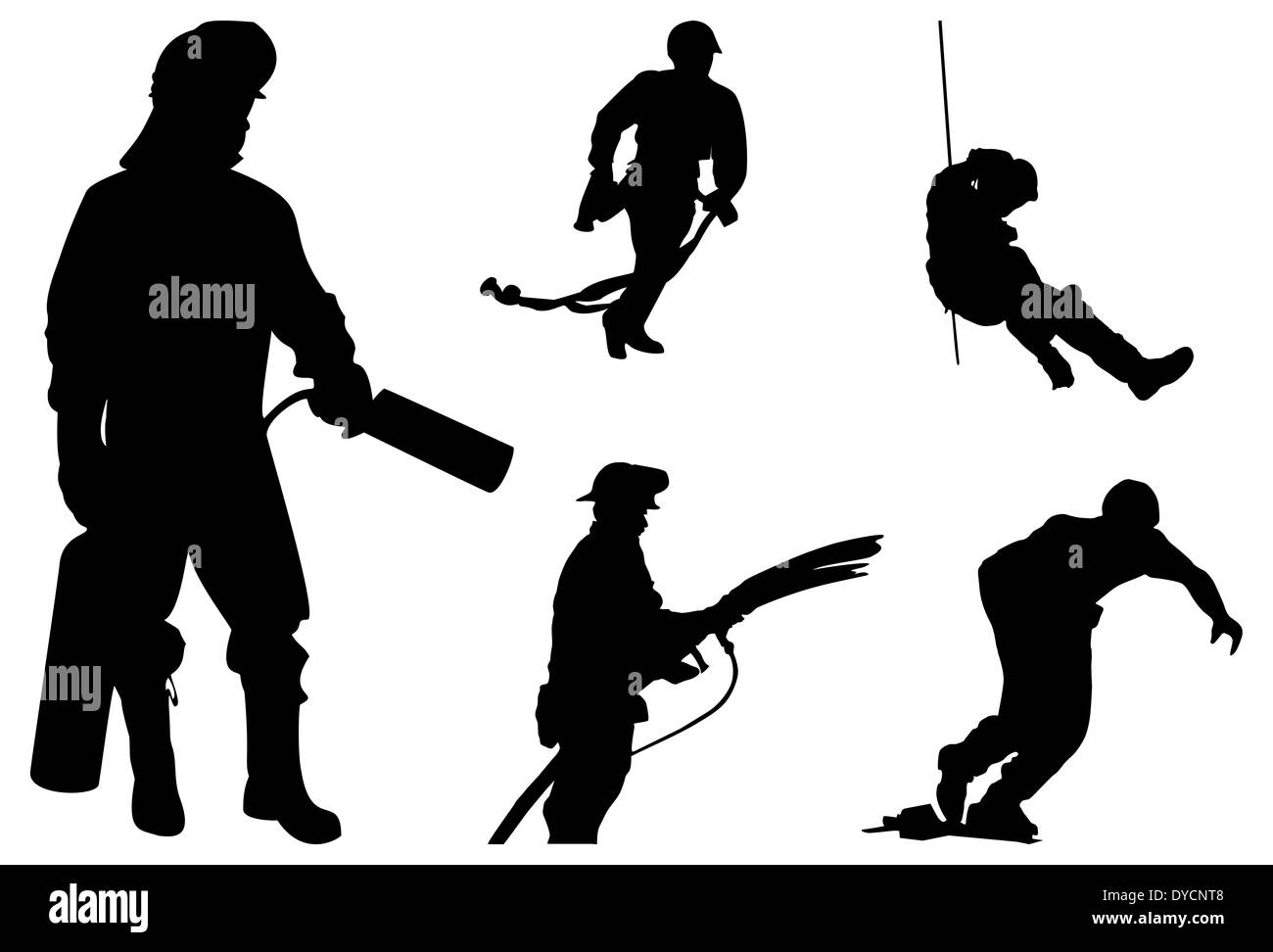 Cinq firemans isolés, les pompiers en action silhouette. Banque D'Images