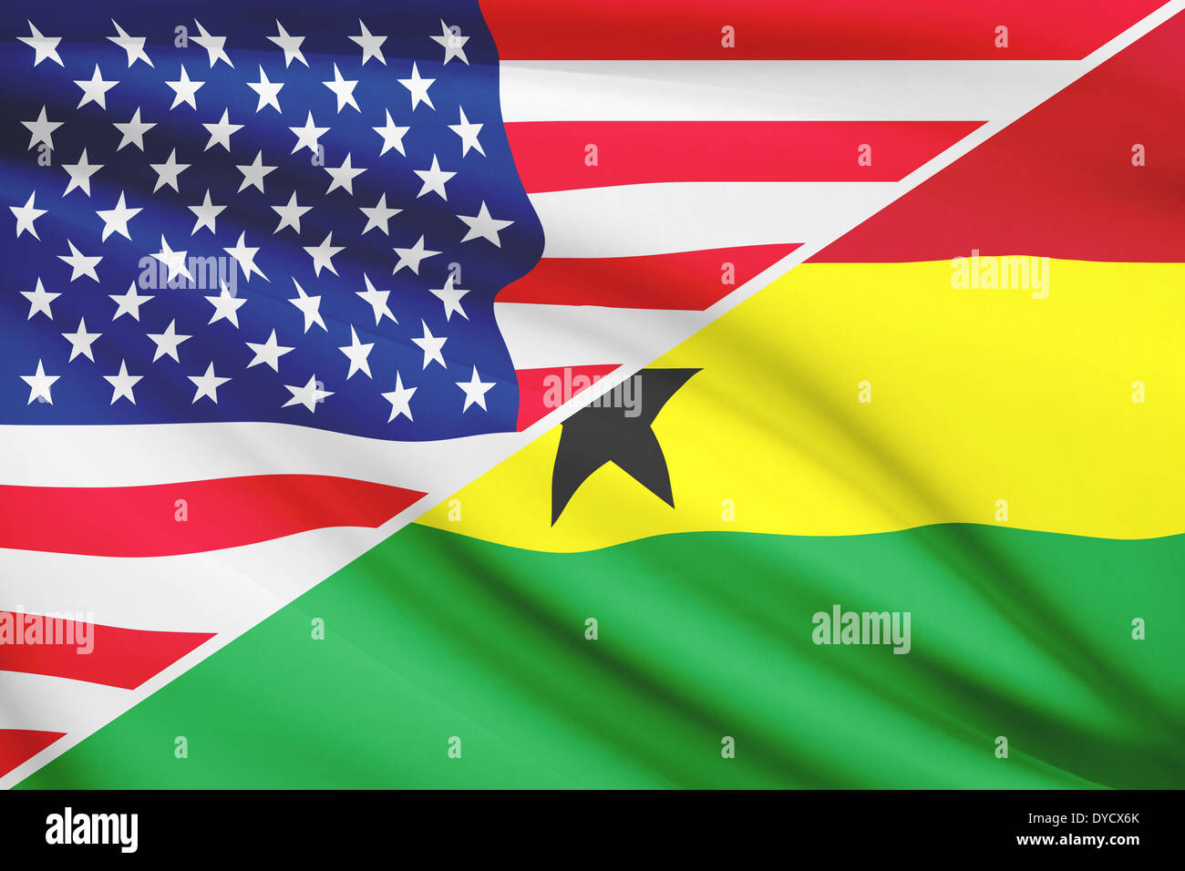 Drapeaux des USA et République du Ghana dans le vent. Partie d'une série. Banque D'Images