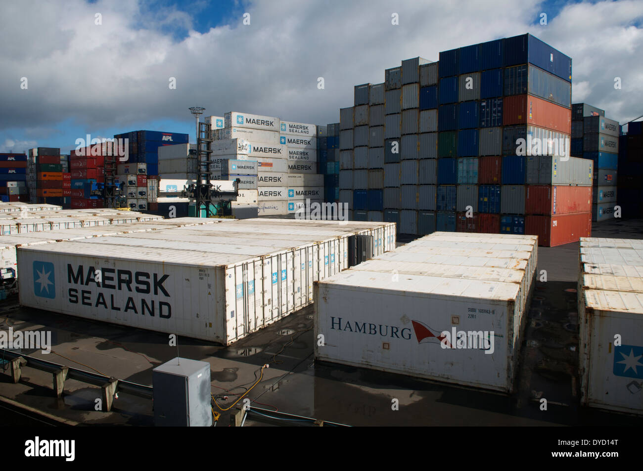 Les conteneurs empilés et en attente d'envoi dans le port d'Auckland, Nouvelle-Zélande. Banque D'Images