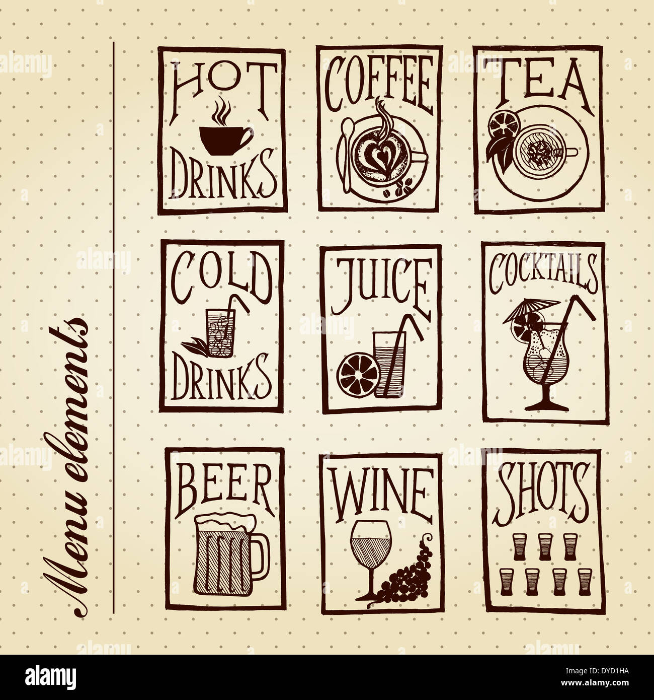 Éléments de menu boissons - style rétro à la main icons set sur vintage background Banque D'Images