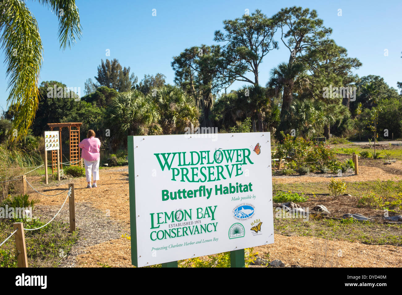 Port de Floride Charlotte Harbor,Placida,Grove City,Englewood,Wildflower Preserve Butterfly Habitat,Lemon Bay Water Conservancy,panneau,logo,Voyage des visiteurs Banque D'Images