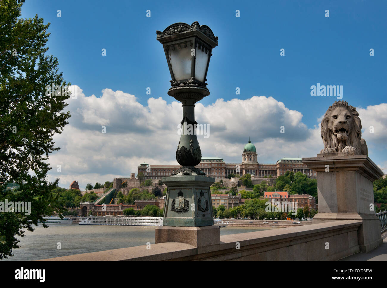 L'un des lions au pied du Pont des Chaînes à Budapest, la Hongrie avec le Château de Buda en arrière-plan Banque D'Images