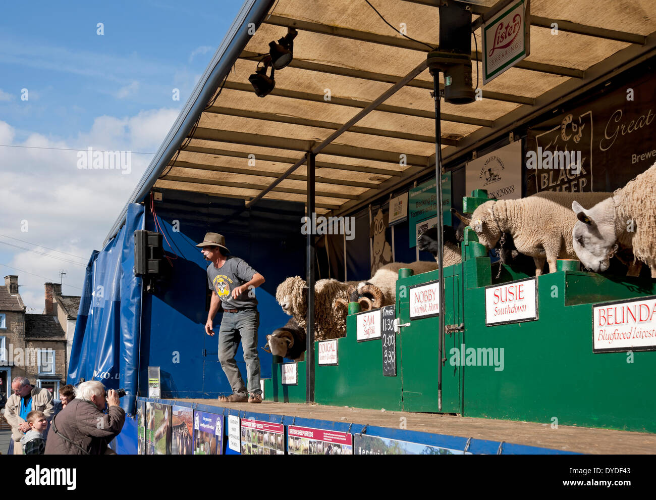 Homme donnant à parler sur les différentes races de moutons à Masham Moutons juste. Banque D'Images