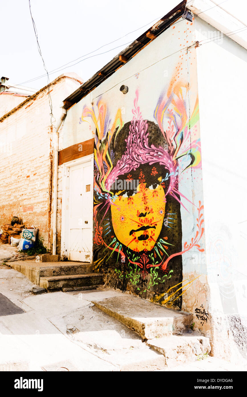 Street art portrait par Stink Poisson dans Valparaiso. Banque D'Images