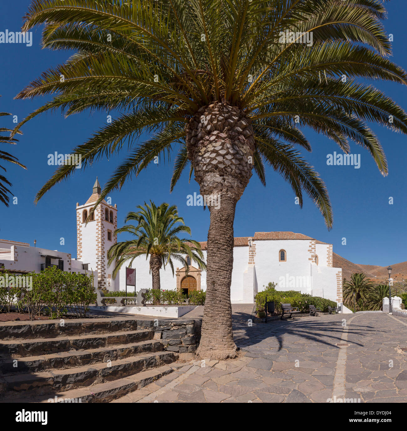 L'Espagne, l'Europe, Fuerteventura, Îles Canaries, Betancuria, Iglesia de Betancuria, église, monastère, arbres, été, palmiers, Banque D'Images