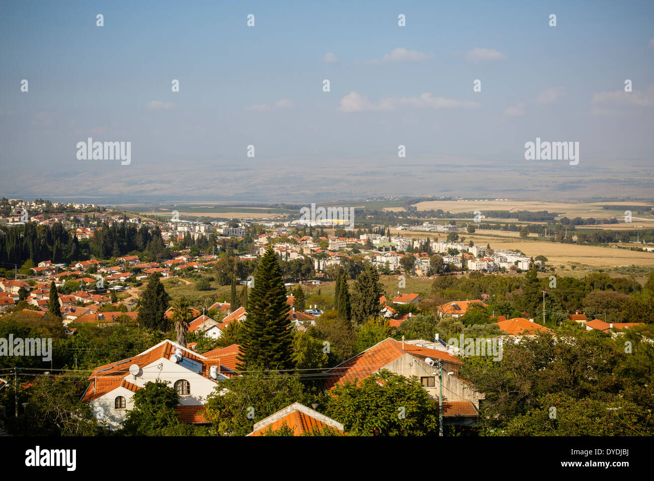 Vue sur la vallée de Hula vu de Rosh Pina, Galilée, Israël. Banque D'Images