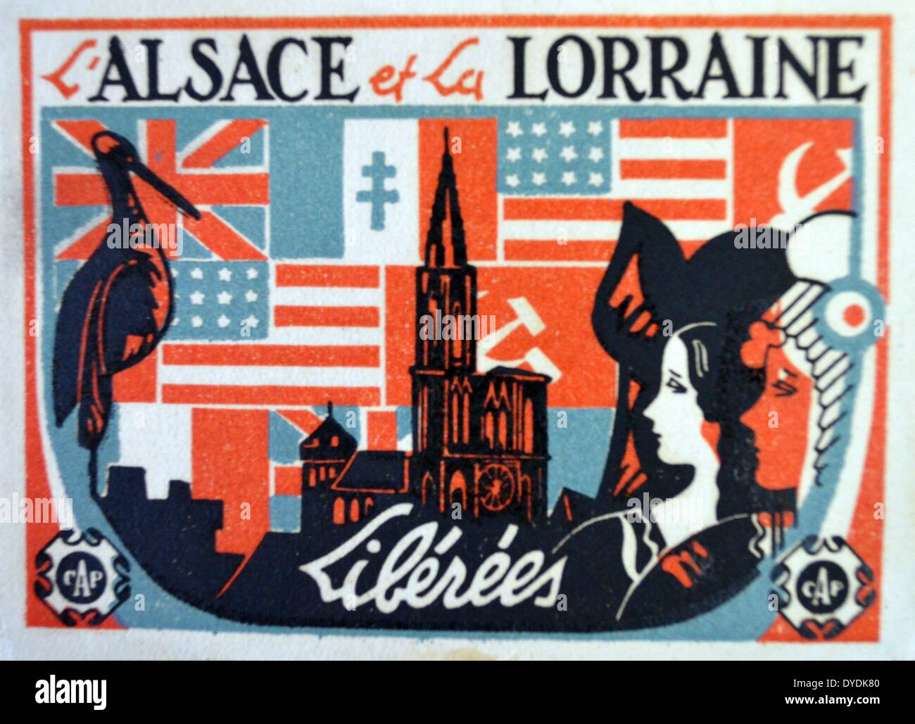 Carte postale commémorative annonçant la libération de l'Alsace Lorraine et de l'occupation allemande 1945 Banque D'Images