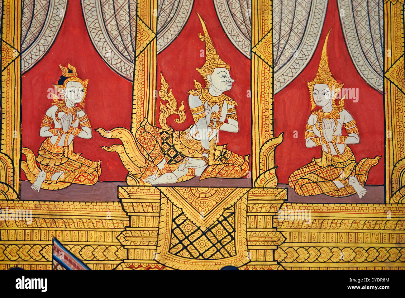 Thaïlande, Bangkok, Wat Pho, temple du Bouddha de couchage, peinture murale Banque D'Images