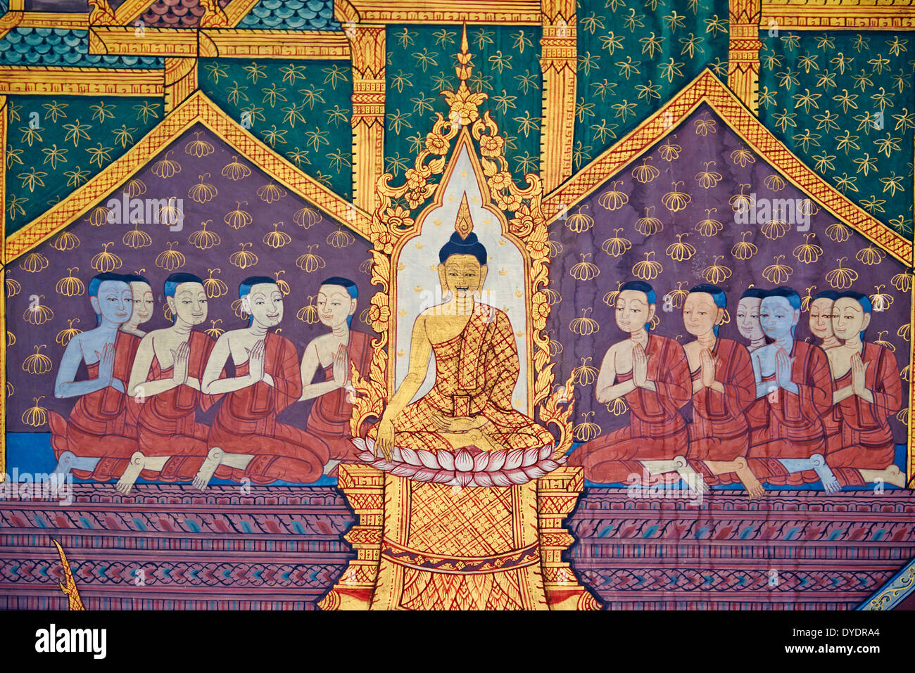 Thaïlande, Bangkok, Wat Pho, temple du Bouddha de couchage, peinture murale Banque D'Images