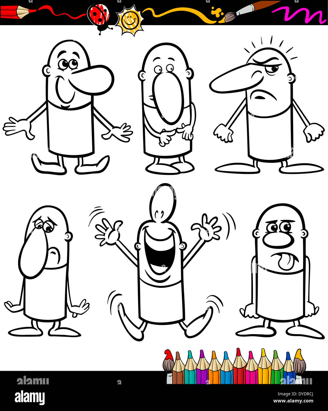 Livre de coloriage ou une série d'Illustration Cartoon Page noir et blanc Funny People les émotions ou les expressions pour les enfants Banque D'Images