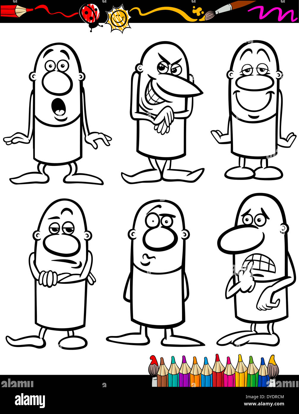 Livre de coloriage ou une série d'Illustration Cartoon Page noir et blanc Funny People les émotions ou les expressions pour les enfants Banque D'Images