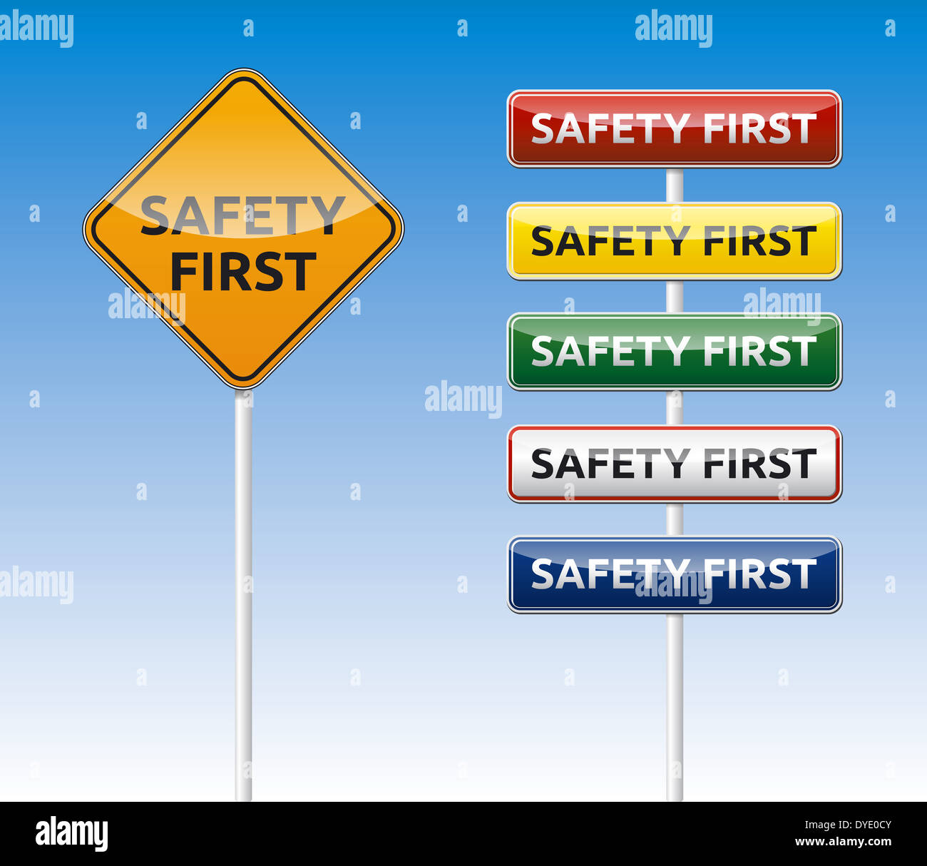 La sécurité d'abord conseil routier collection avec réflexion. Banque D'Images