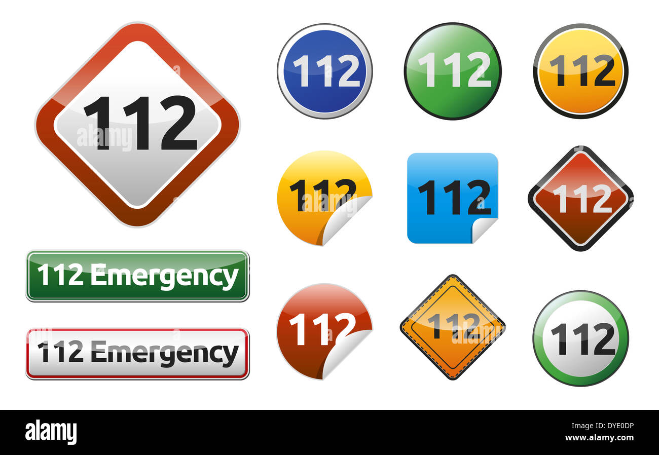 Appel d'urgence 112 bouton isolé, inscrivez-set - collection. Banque D'Images