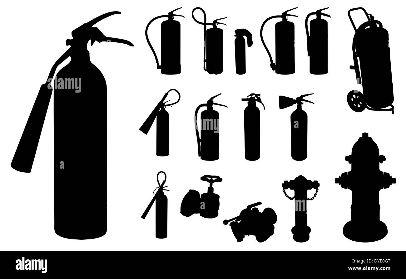 12, extincteur d'incendie et d'autres accessoires silhouette Banque D'Images