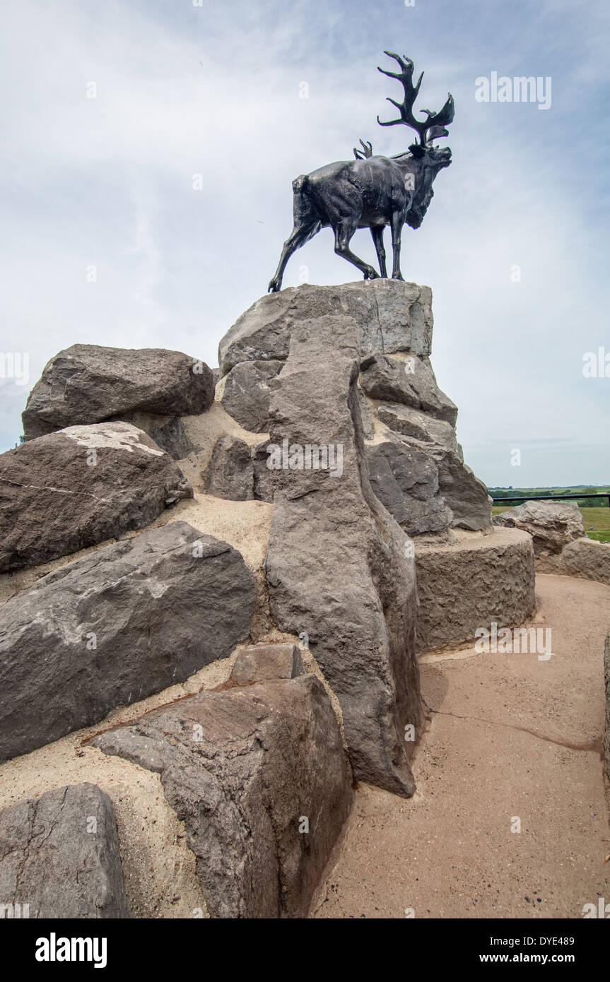 La statue en bronze d'un comité permanent de Caribou à la surveillance des tranchées au Parc commémoratif de Terre-Neuve à Beaumont-Hamel, Somme. Banque D'Images