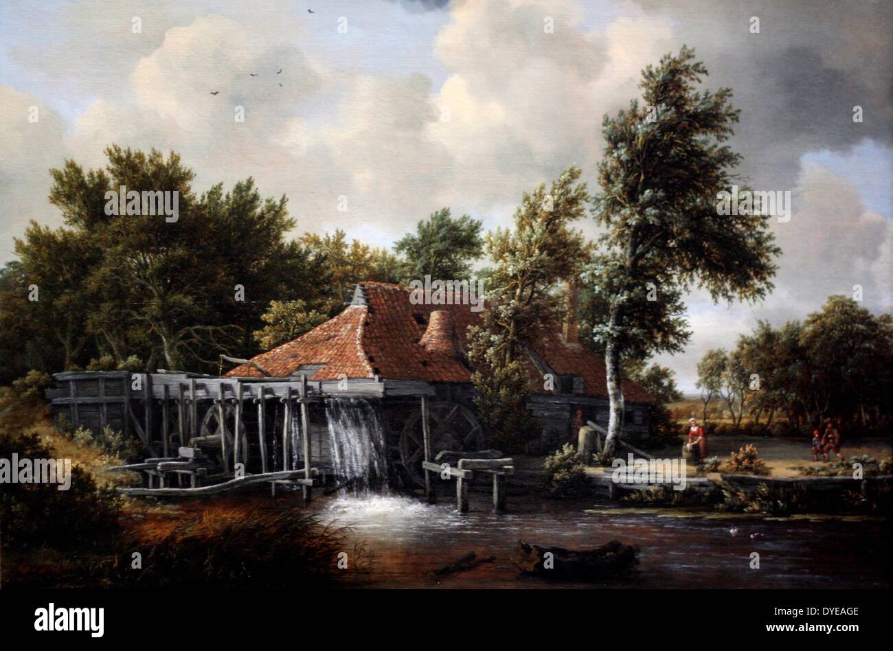 Un moulin à eau par Meindert Hobbema (1638-1709) huile sur panneau, c 1664. Hobbema peint plus de trente portraits de "cascades", basé sur des dessins qu'il a faites dans l'Est des Pays-Bas. Il a appelé la même usine à partir de différents angles, pour qu'on puisse voir exactement comment il a été assemblé. Ici il s'intéressait principalement à la construction technique du canal d'eau en bois, rendue en gris, qui se détache sur le paysage. Banque D'Images